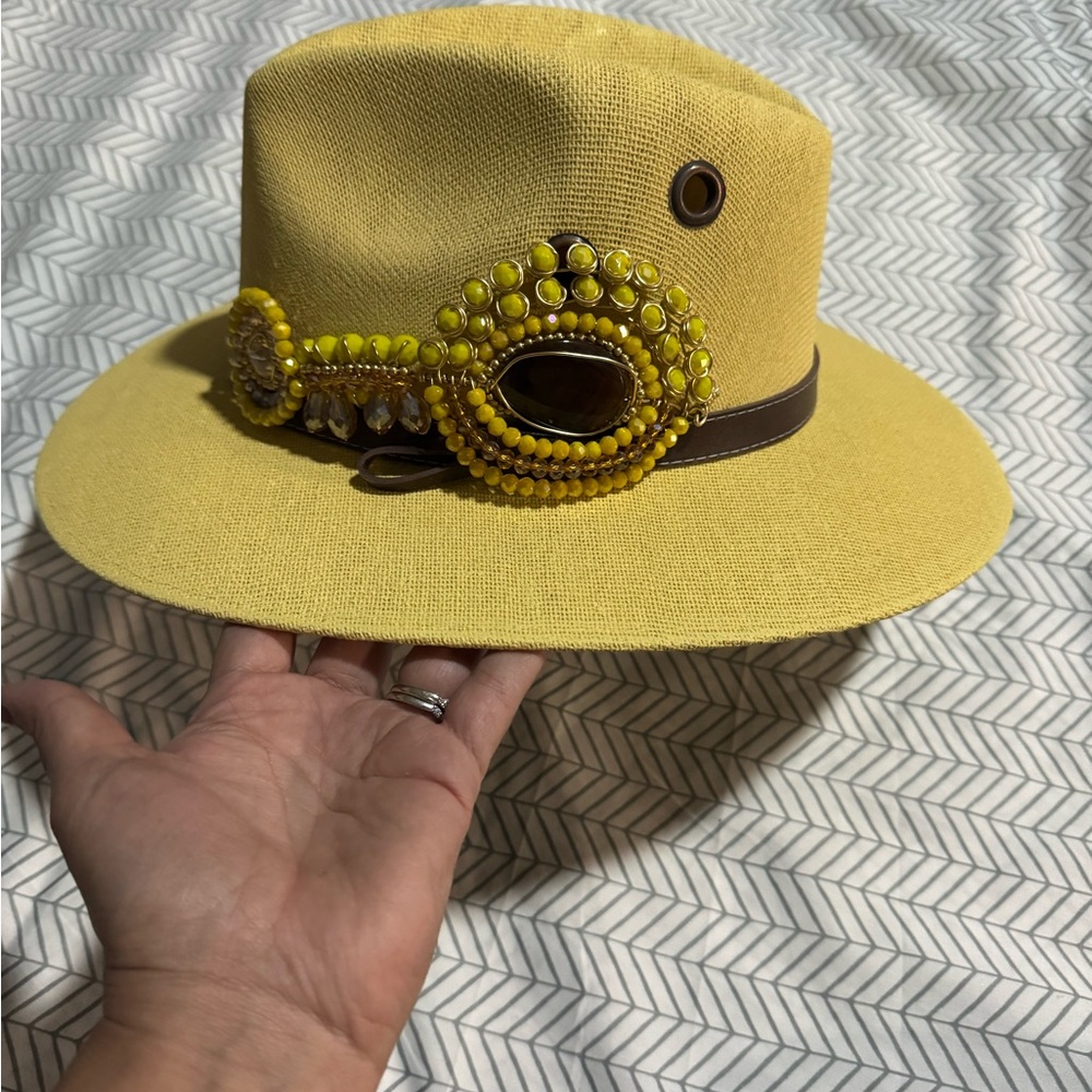 Yellow Fedora Hat with Beaded Accent